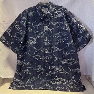 Reyn Spooner Hawaiian Aloha Shirt Blue Striped Marlin Cotton/Poly Sz XL